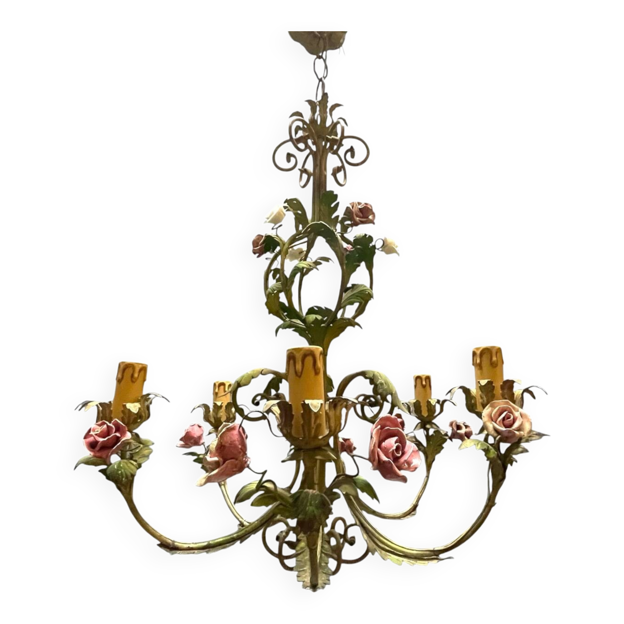 Italian Florentine Tole and Ceramic Flower Chandelier, 1950s