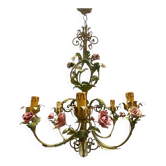 Italian Florentine Tole and Ceramic Flower Chandelier, 1950s