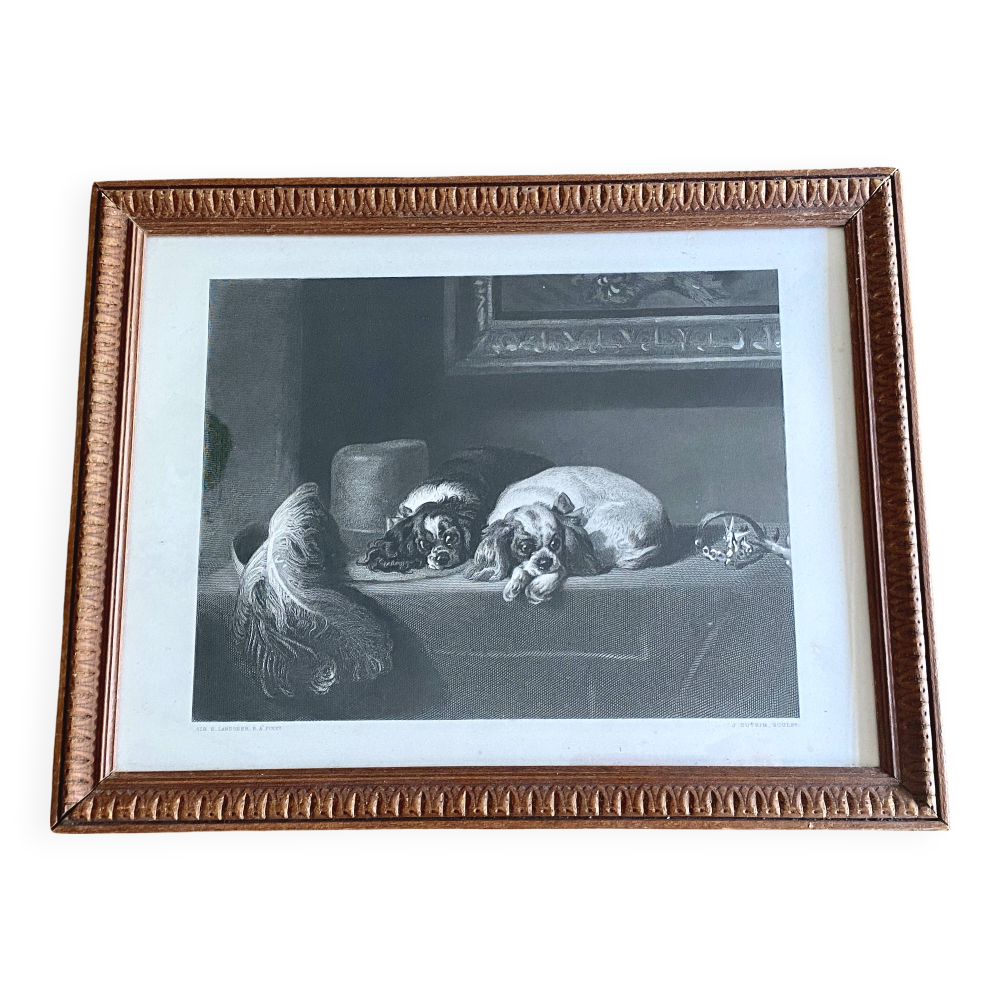 Antique engraving by edwin landseer - cavalier king charles dogs