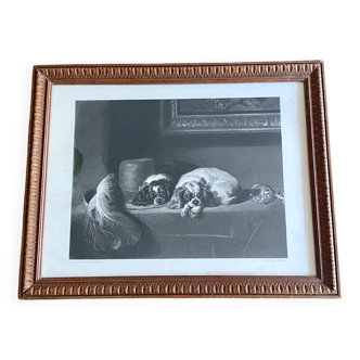 Gravure ancienne d’edwin landseer - chiens cavalier king charles
