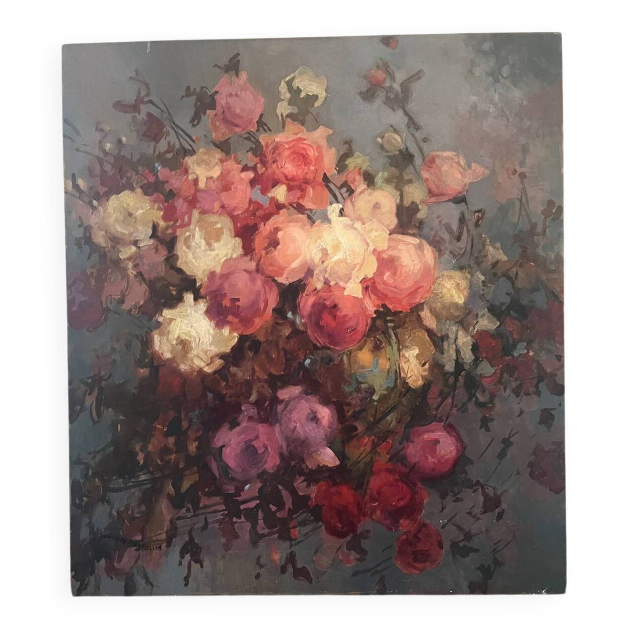 Large bouquet of roses, oil on wood panel, signed