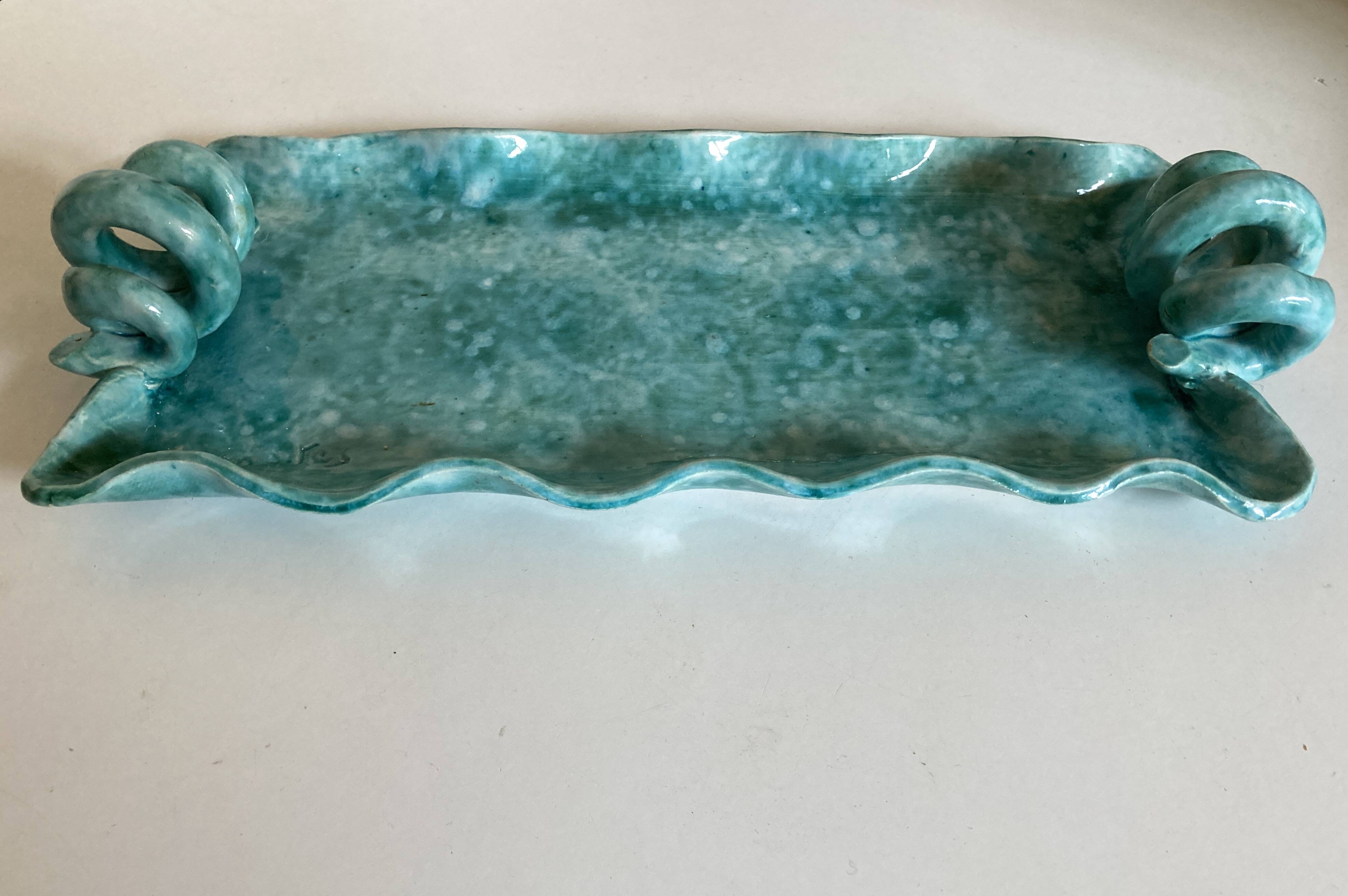 Wavy turquoise glazed earthenware plate 1960 Provence