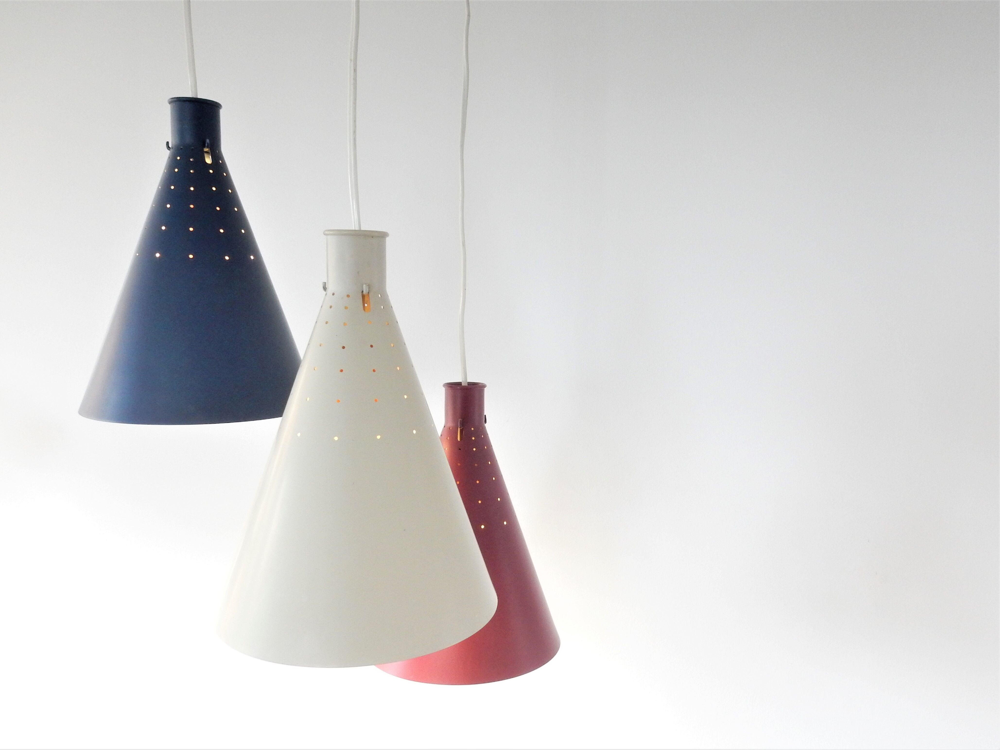 Rare set of 3 conical pendant lamps by Alf Svensson for Bergboms, Sweden 1950's, 2 available