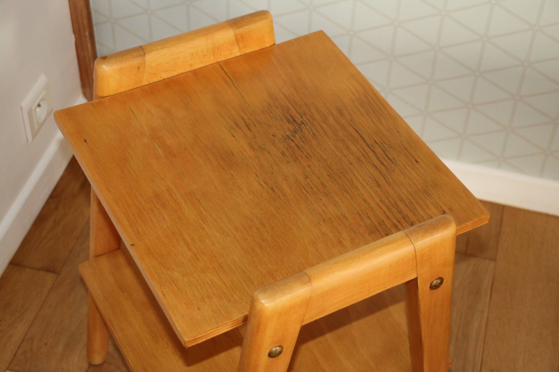 2 light oak bedside tables with two shelves from 1950.