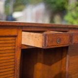Wooden desk with curtains and sliding drawers, storage unit, vintage desk