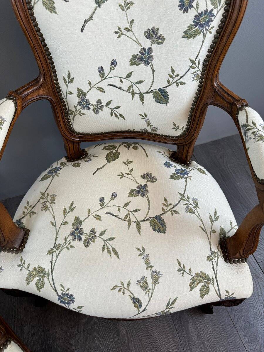 Pair of Louis XV Style Armchairs and Two Footstools, 19th Century
