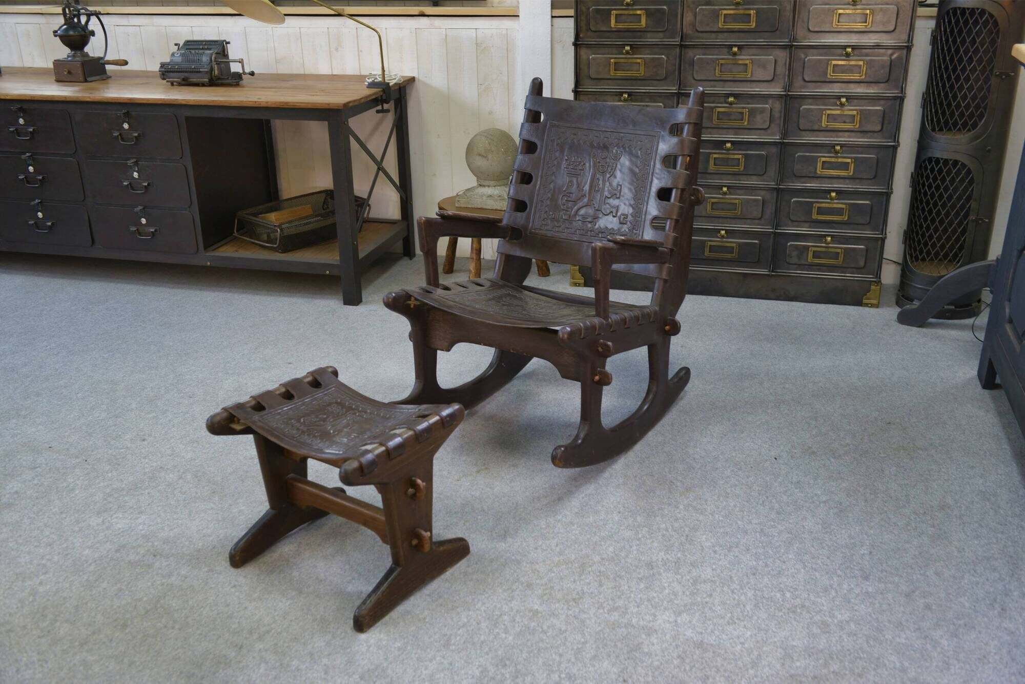 Armchair with ottoman by Angel Pazmino in brown wood and leather from the 1960s.