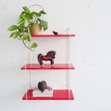 Mid century wall shelf in red and white in the string design, narrow modular hanging shelf