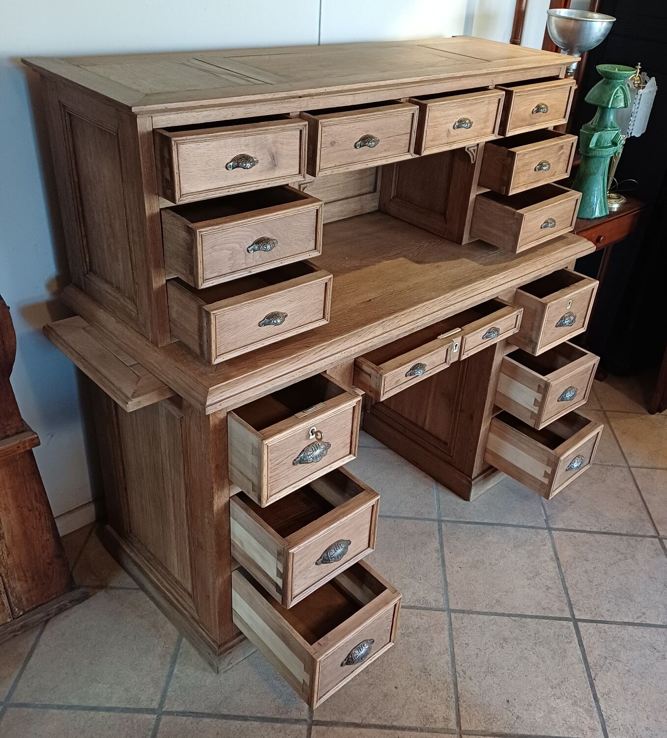 Antique desk with 15 drawers, professional furniture.