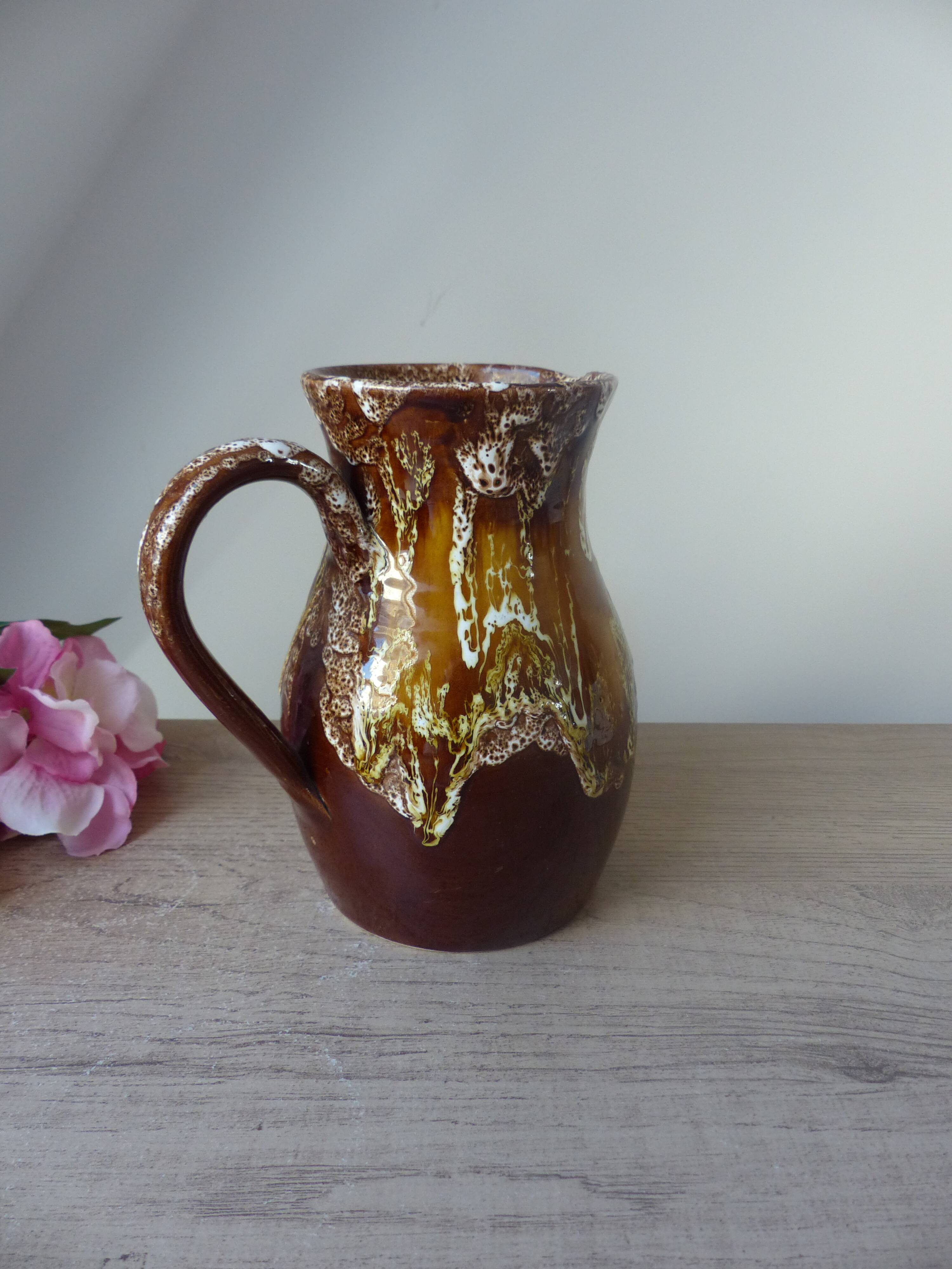 Old brown ceramic water jug pitcher, rustic country house pitcher 1970s