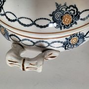 Antique Saint-Amandinoise tureen, blue and ochre decoration 6523, 1900-1920