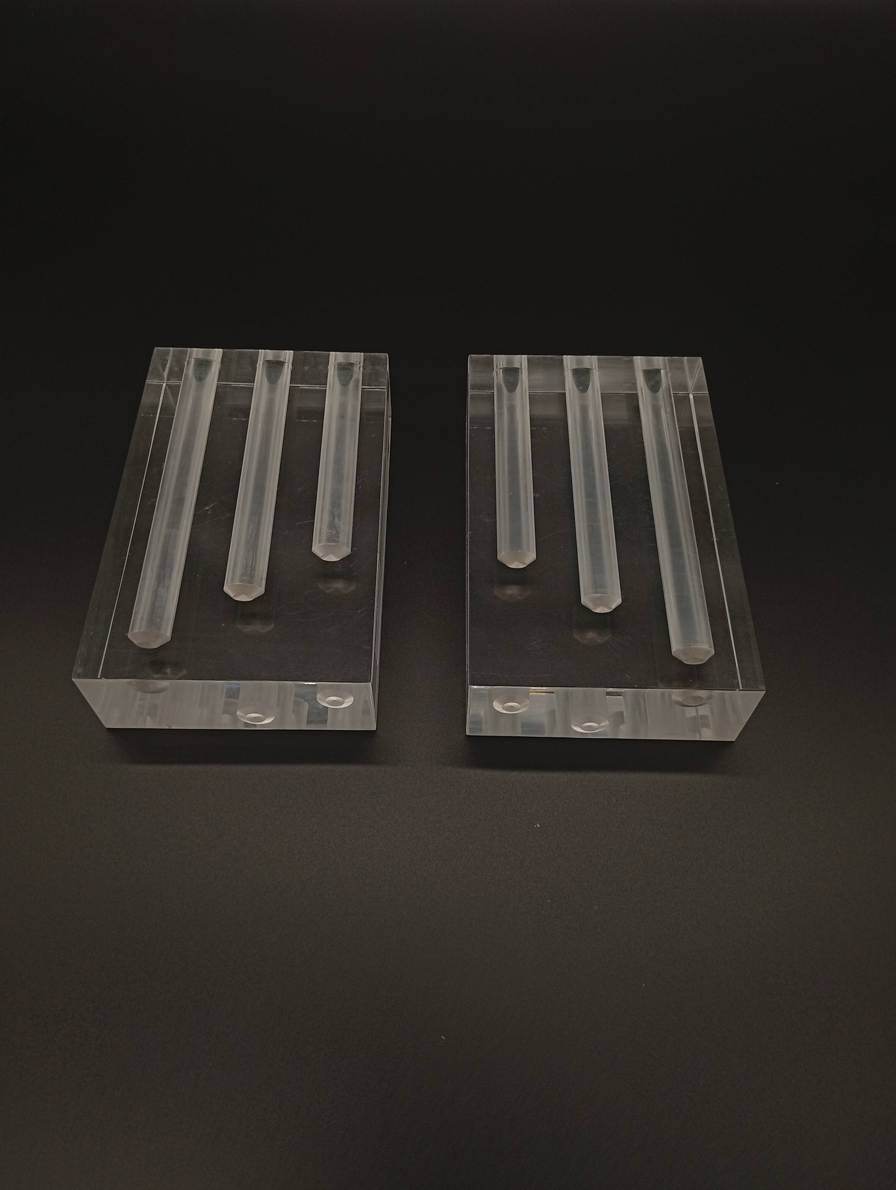 Duo Vase Bloc Résine Lucite Triple Cheminée Plexiglas Design Postmoderne