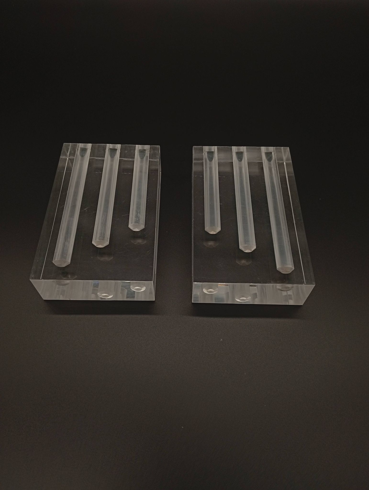Duo Vase Bloc Résine Lucite Triple Cheminée Plexiglas Design Postmoderne