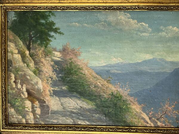 Huile sur panneau paysage encadrement style Louis XVI début XXème
