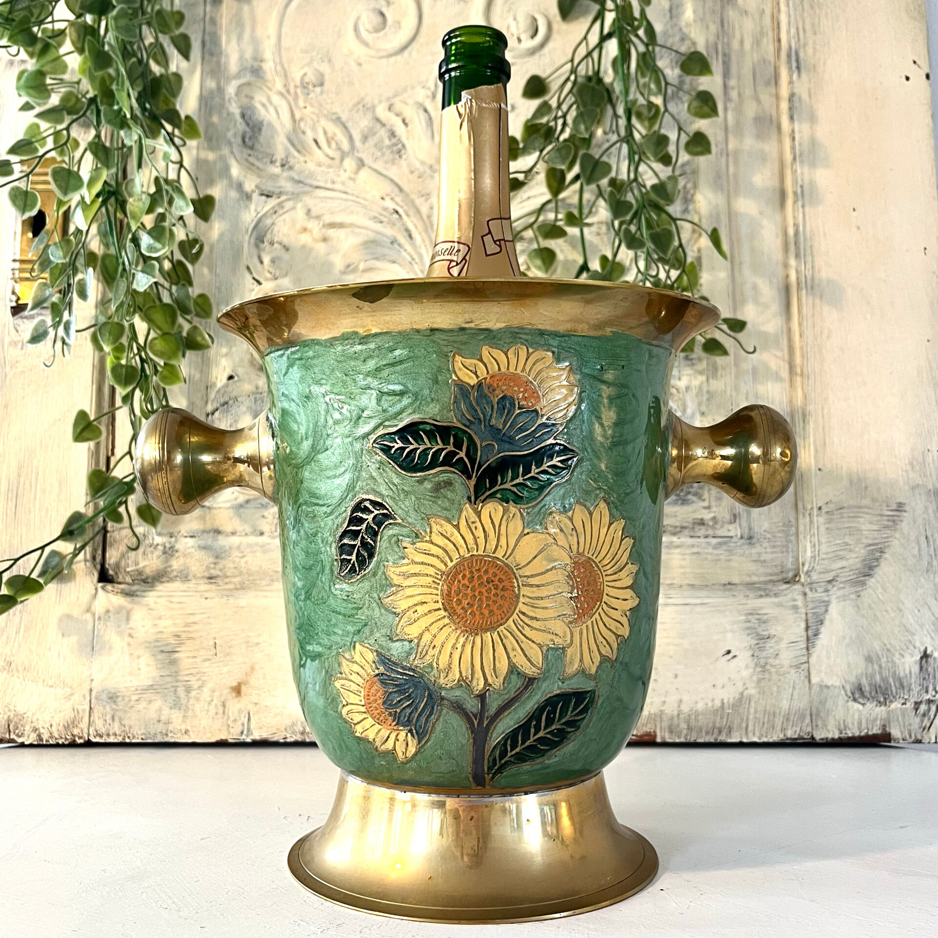 Vintage brass and green enamel cloisonné champagne cooler with sunflow