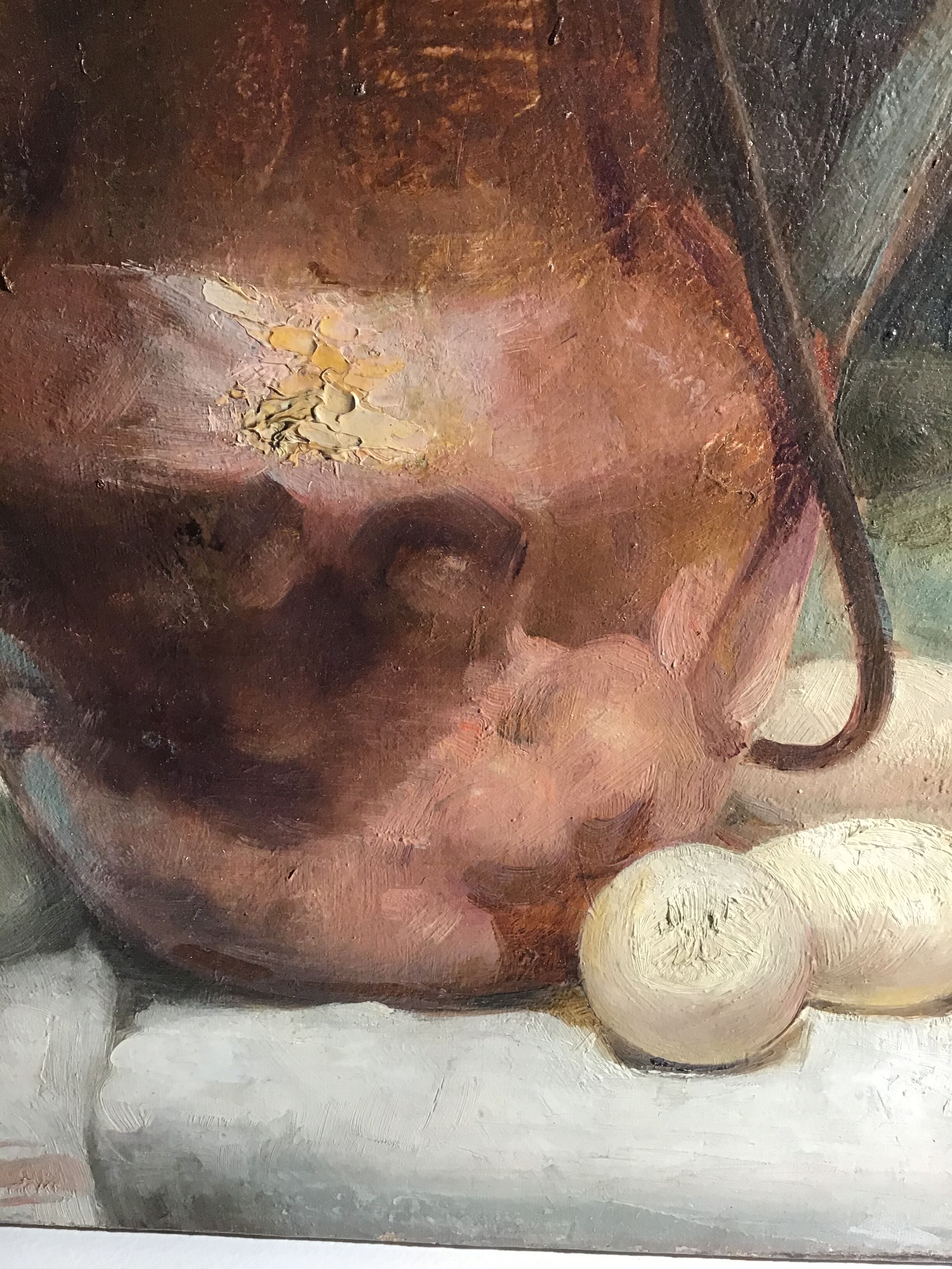 Still life with milk pot and eggs, signed, 20th century
