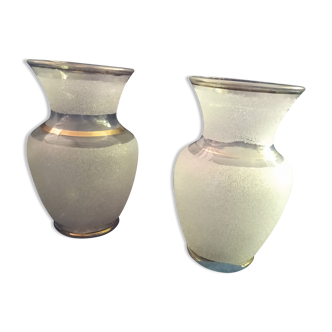 Two vintage white vases in granite effect glass from the 50s