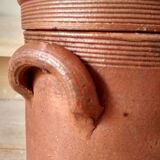 Brown enamelled stoneware pot and lid