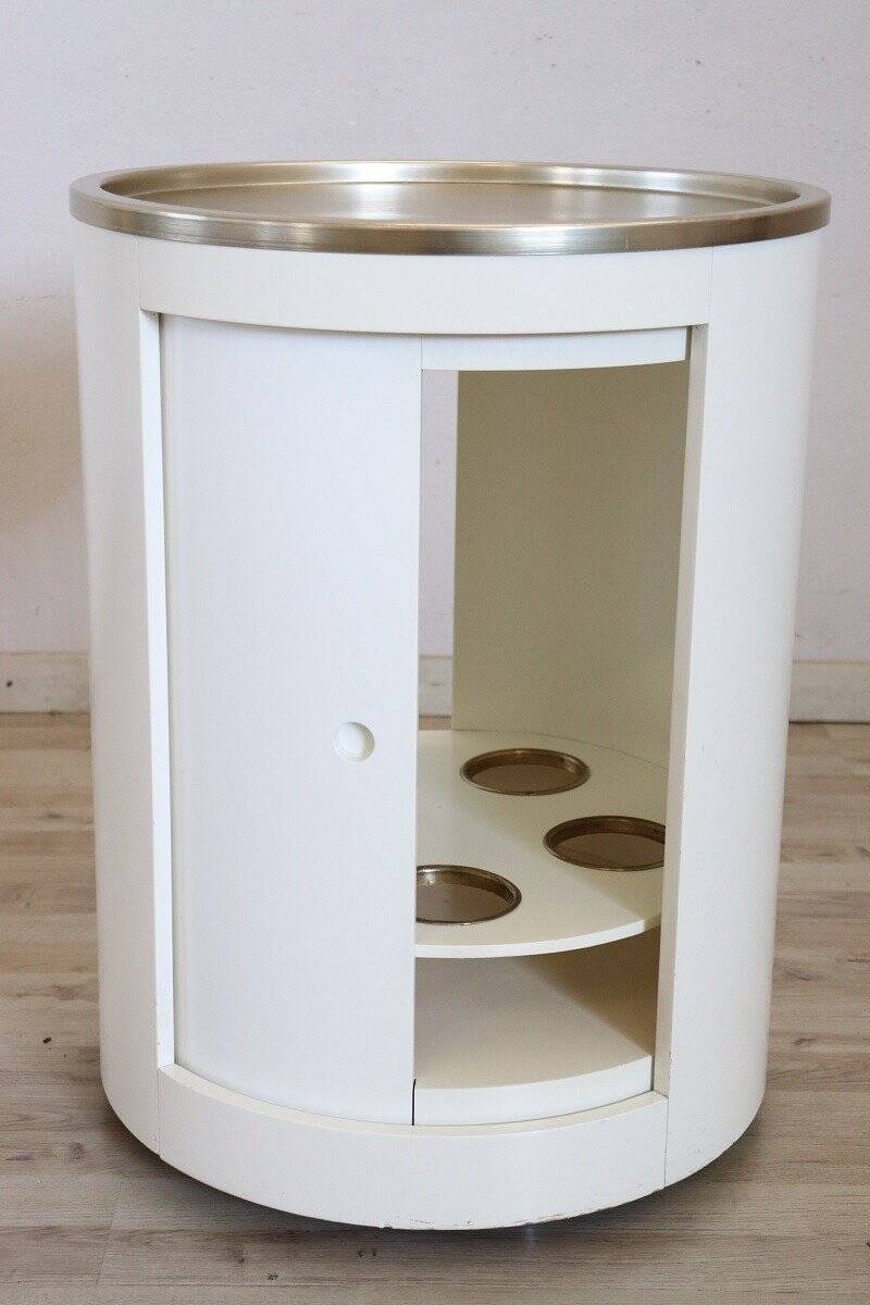Space Age White Bar Cart On Wheels With Sliding Door, 1960s