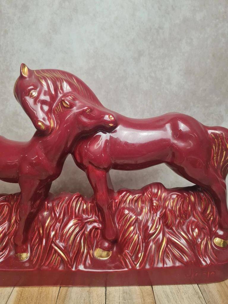Vintage sculpture of mare and foal signed Jean – red ceramic and gilding.