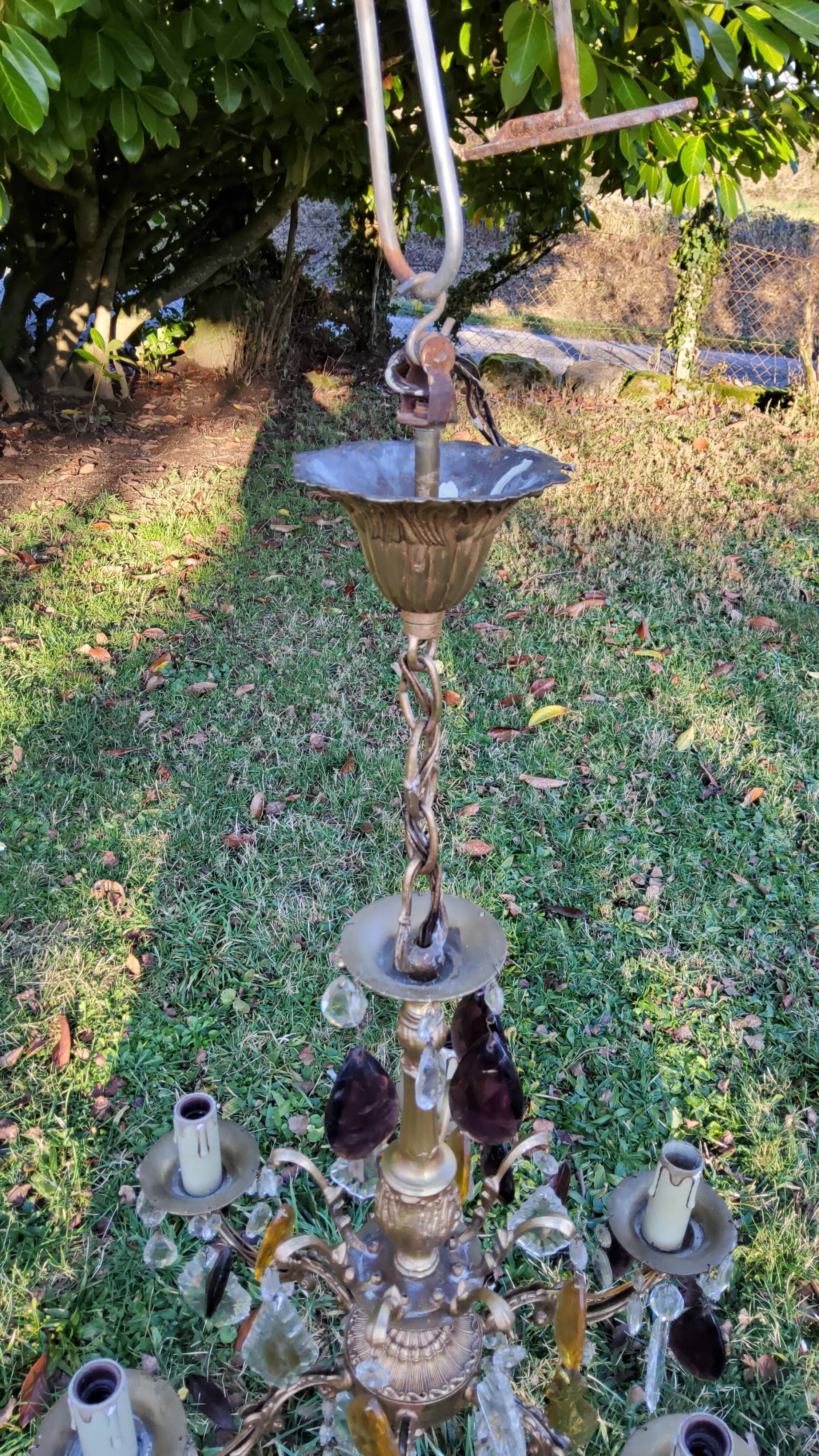 Bronze chandelier with grapevines of amber purple crystal color 6 branches