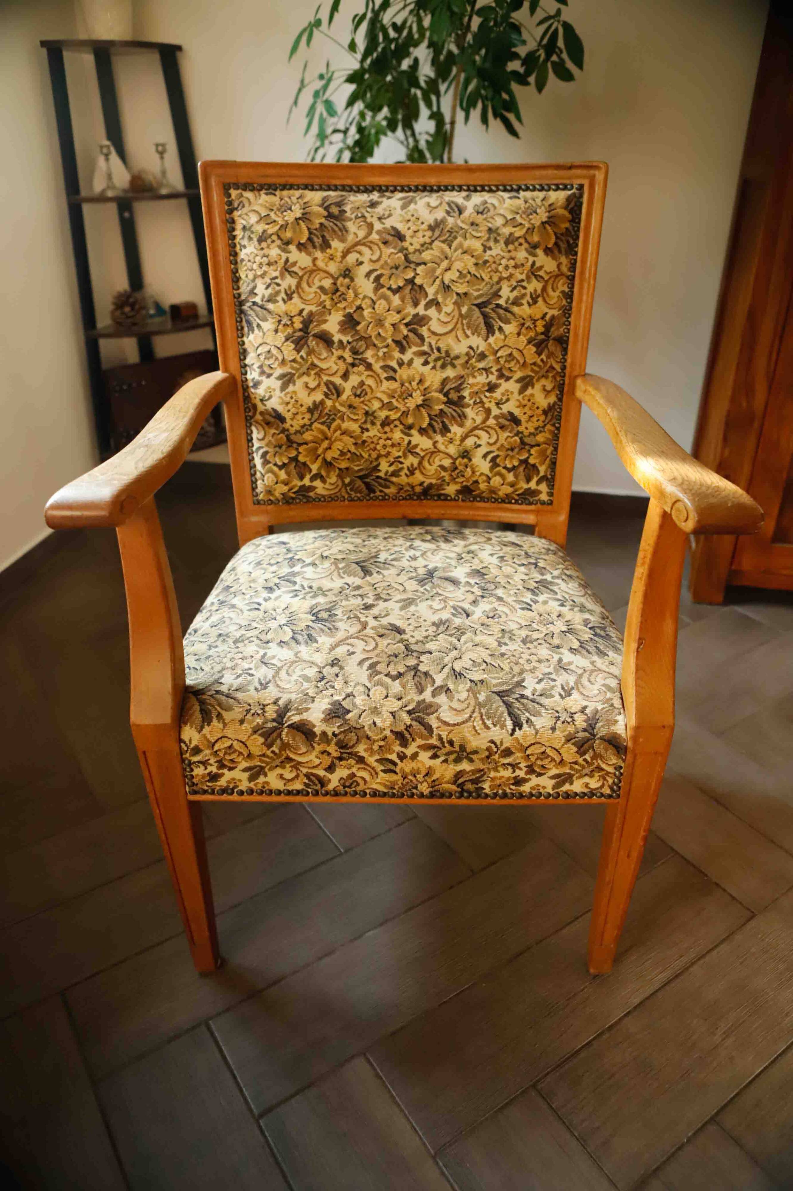Vintage Salon Armchair with Floral Tapestry Upholstery and Scroll Armrests