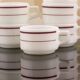 6 vintage Pyrex tableware cups USA - opaline glass with burgundy band - 1970s