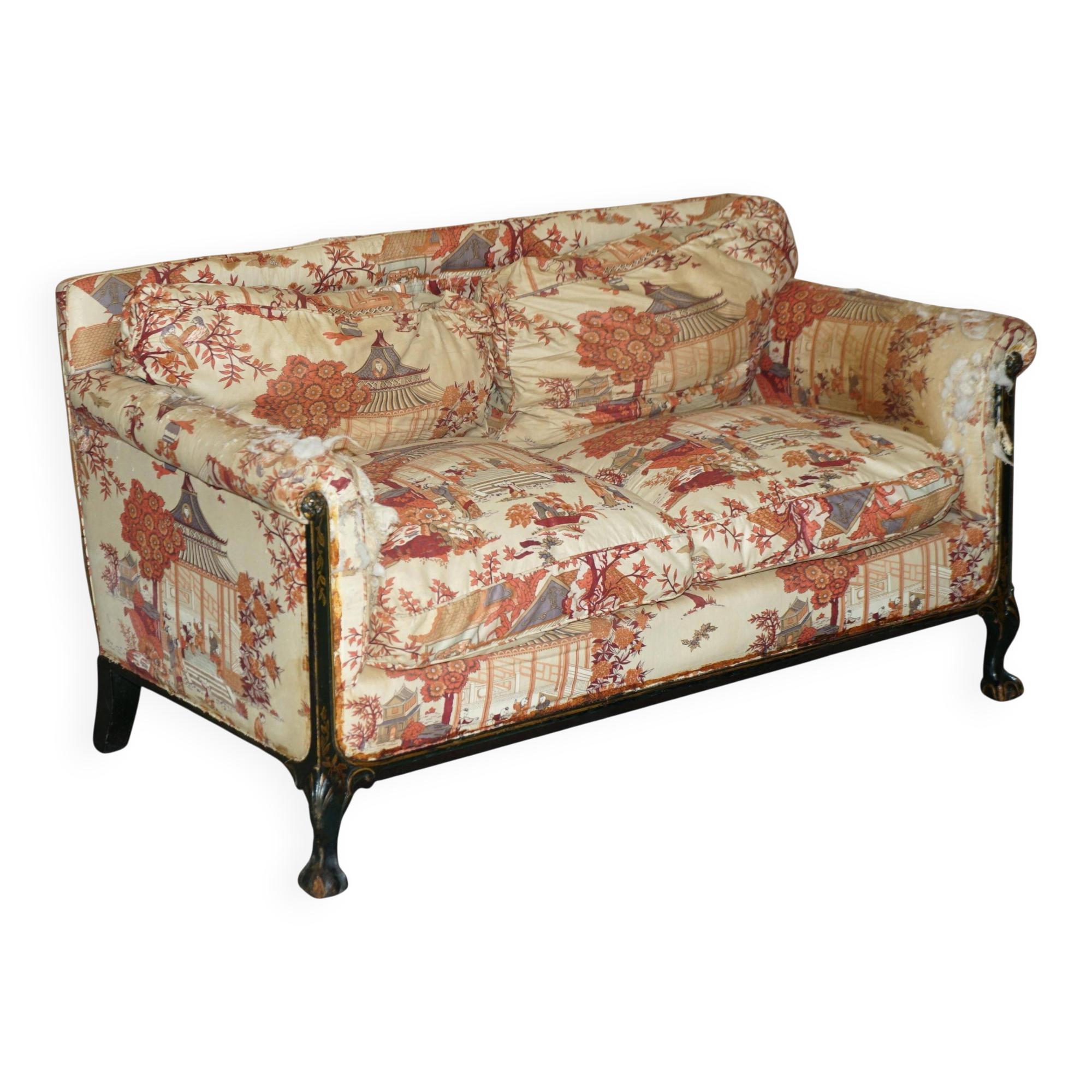 Antique Howard & Sons canapé, Aesthetic Movement, claw and ball feet, chinoiserie fabric.