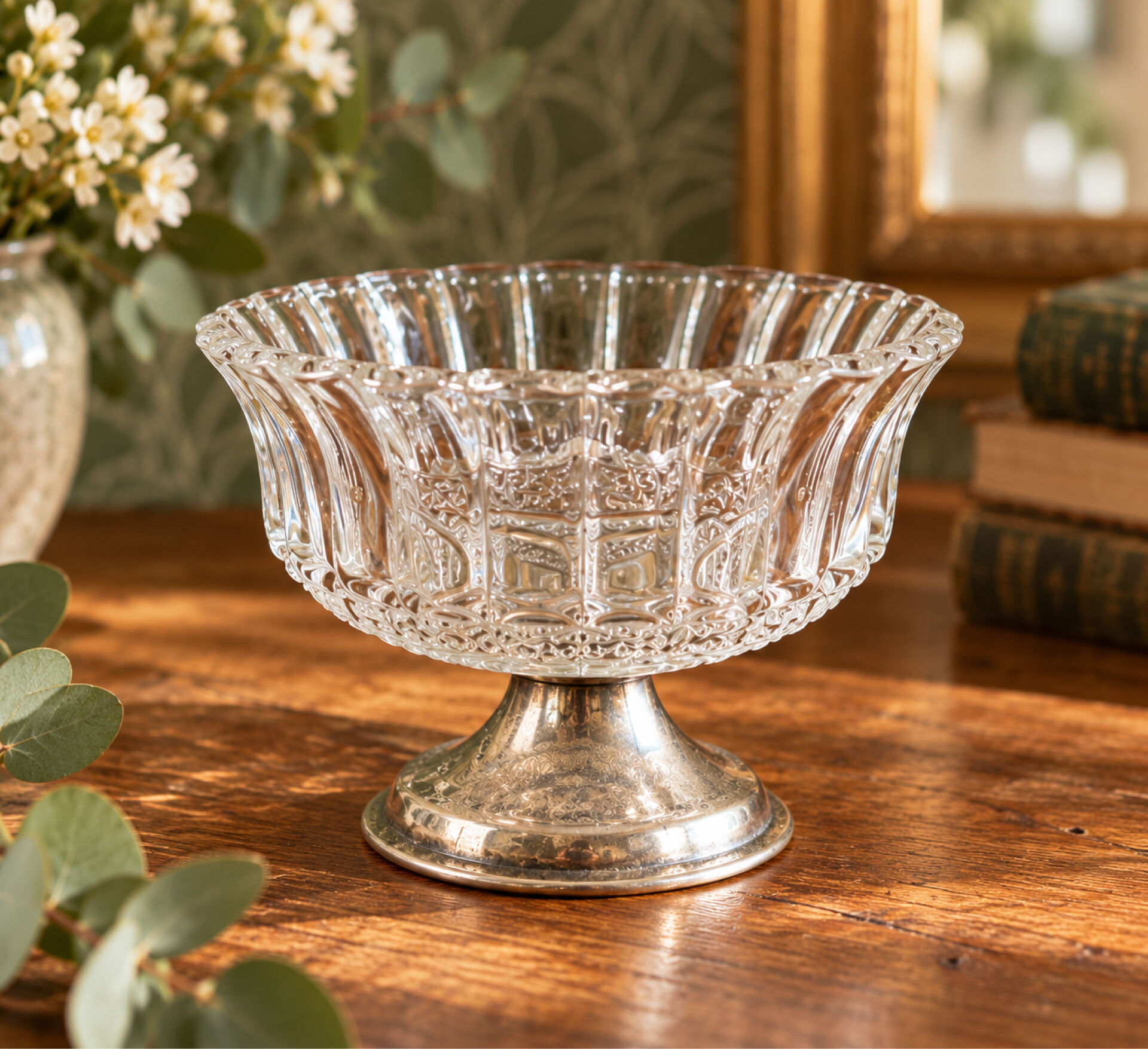 Small vintage footed bowl – worked glass & silver-plated metal