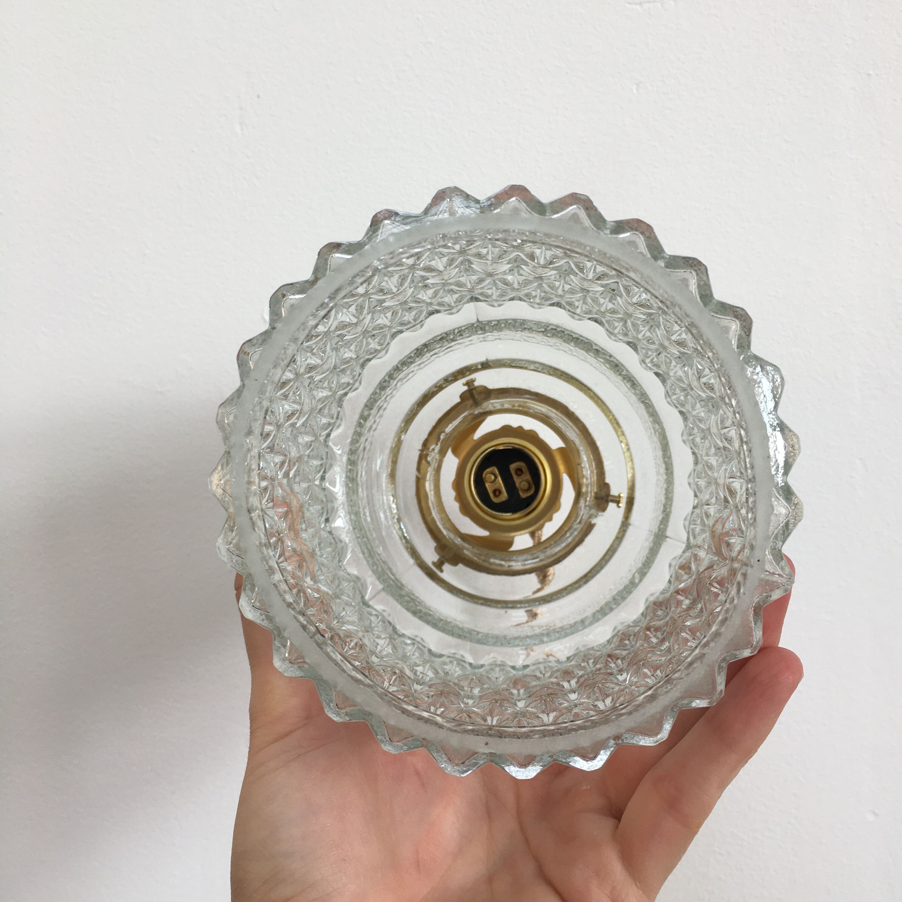 Pair of vintage molded pressed glass pendant lights
