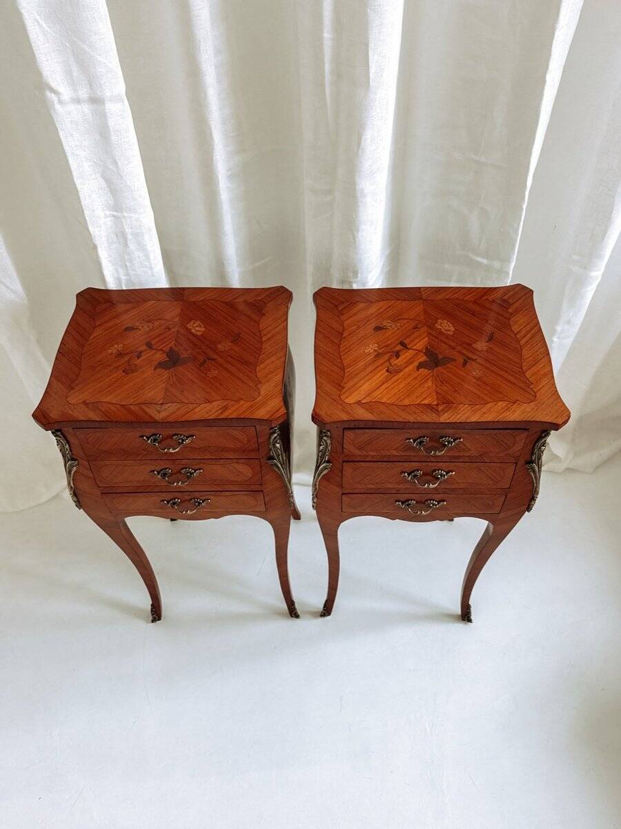 Louis XV French bedside tables with floral marquetry, 1940s, set of 2