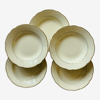 Set of 5 hollow plates Digoin Sarreguemines cream and gold model