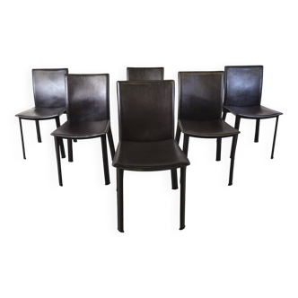 Chaises de salle à manger vintage en cuir marron, années 1980