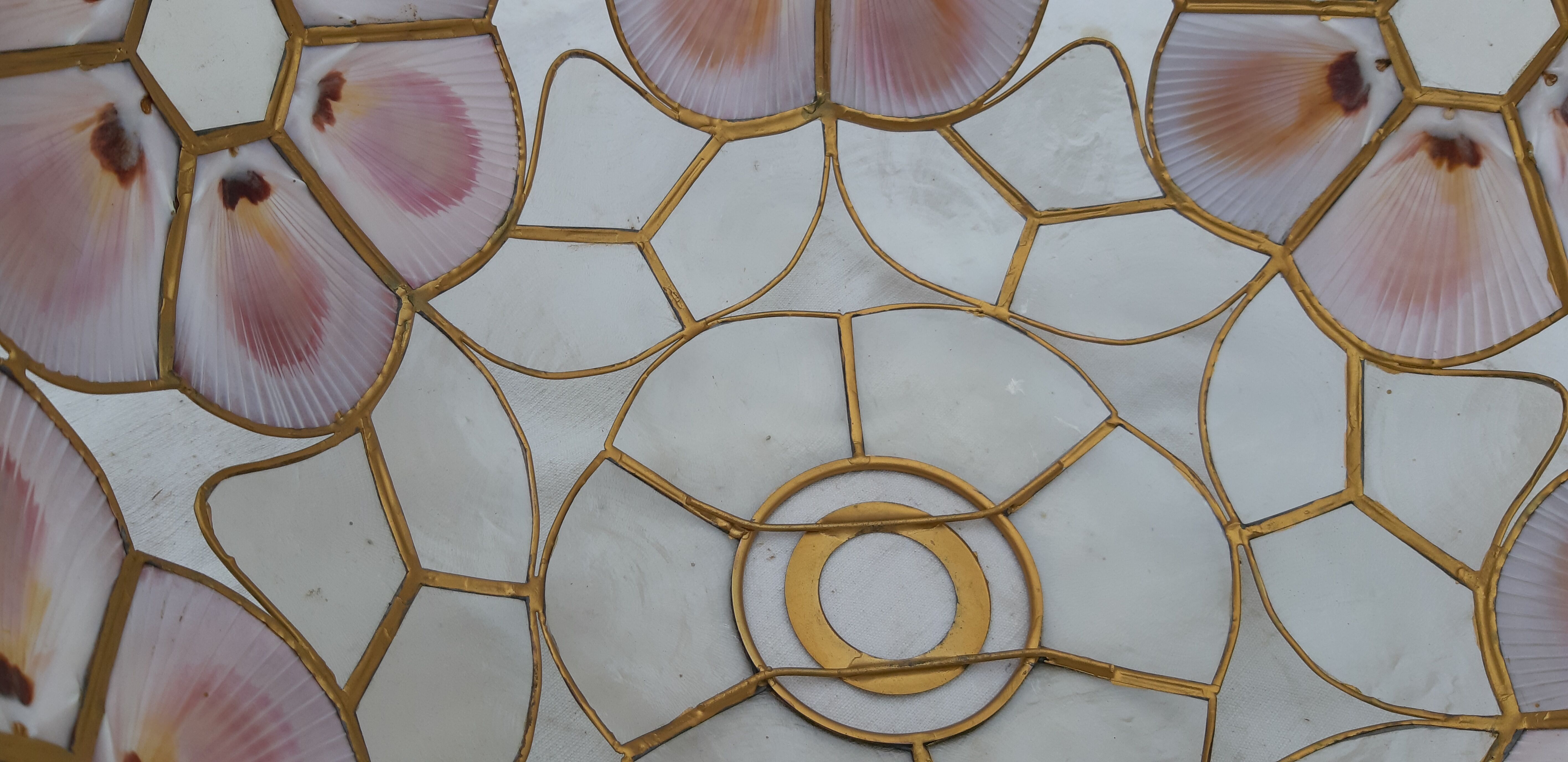 Pair of vintage pendant lamps in brass mother-of-pearl and shells