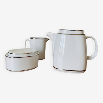 Set thé Théière Sucrier Pot à lait Porcelaine blanche argent