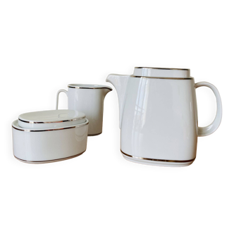 Set thé Théière Sucrier Pot à lait Porcelaine blanche argent