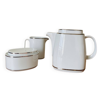 Tea set Teapot Sugar bowl Milk jug White porcelain silver