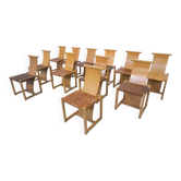 Suite de 12 chaises en bois et cuir, Italie, 1950s'