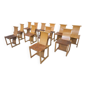 Mid-Century Modern Set of 12 Wood and Leather Chairs, Italy, 1950s