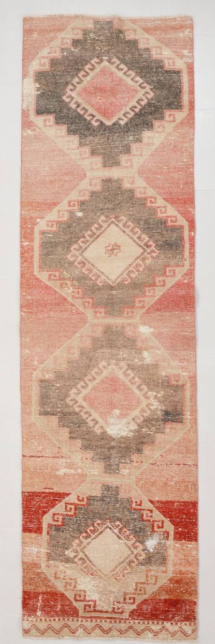 Tapis Couloir Vintage Turc, Rouge, Marron Fané & Crème Géométrique, 85x300