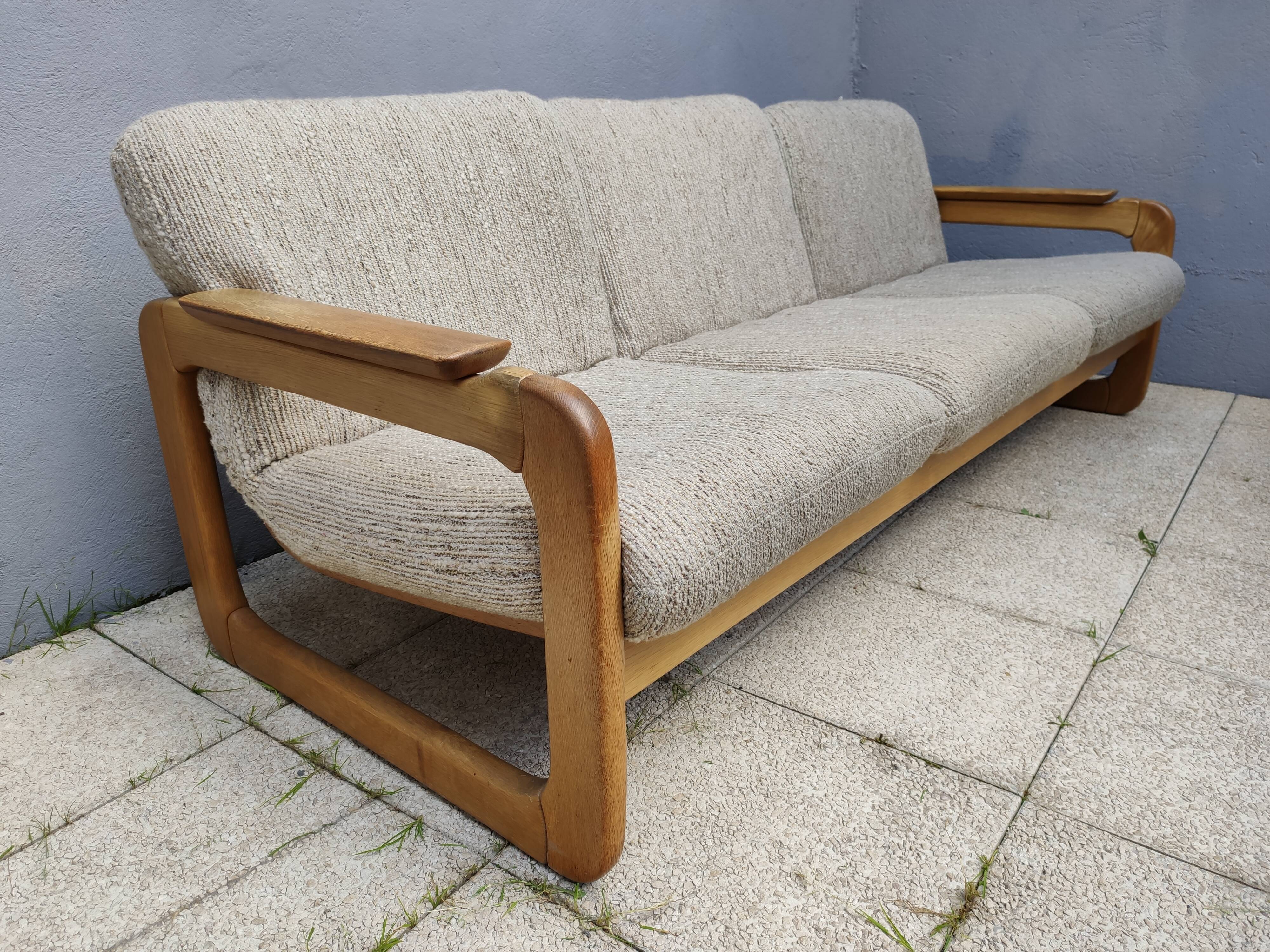 Set of 3-seater sofa + sled chair, 60/70's in oak