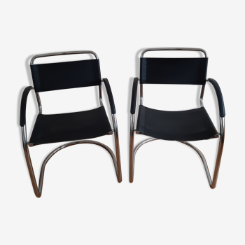 Paire de fauteuils en cuir et chrome made in italy années 70-80