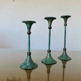 Series of 3 green tinted brass candlesticks from the 70s