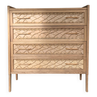 Vintage oak and rattan chest of drawers