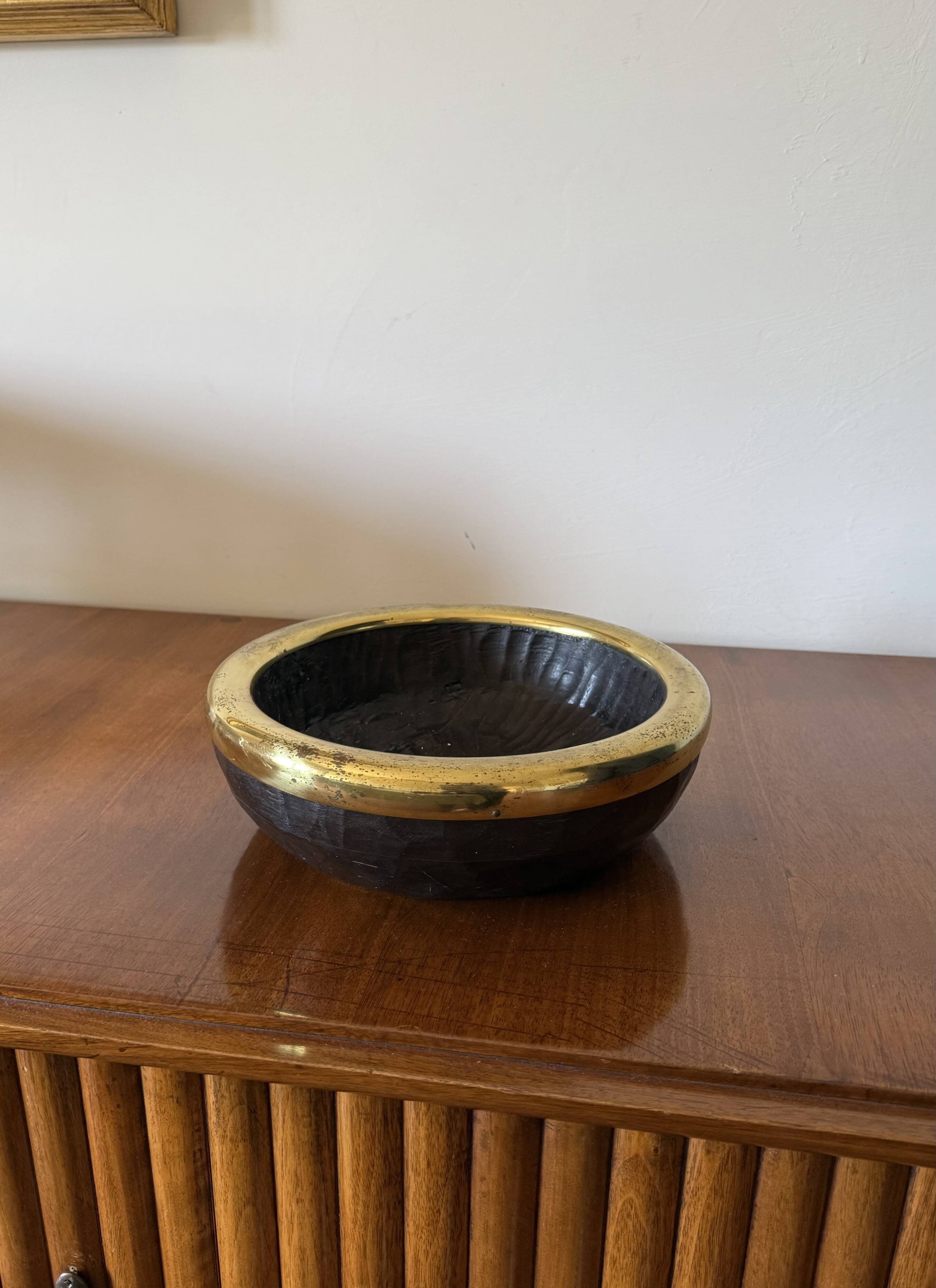 Mid-century brass and wood bowl, Italy 1970s