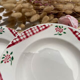 6 Digoin Sarreguemines Niger model soup plates with floral pattern and red/white checks
