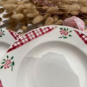 6 Digoin Sarreguemines Niger model soup plates with floral pattern and red/white checks