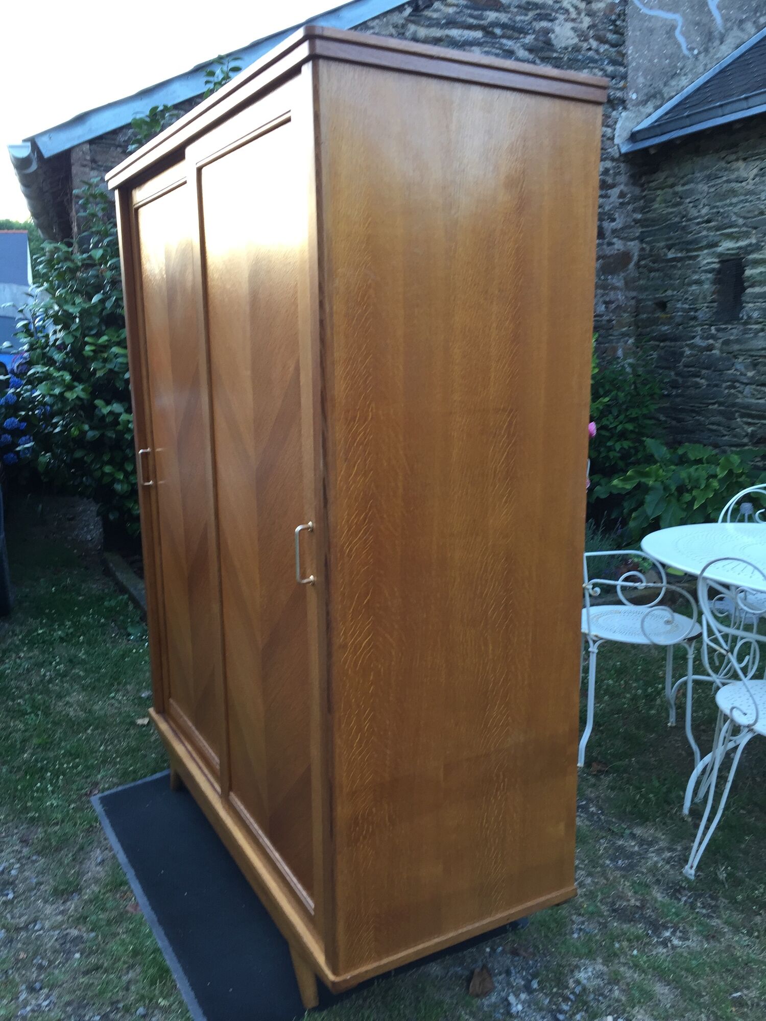 Vintage wardrobe with compass feet in oak and oak cp with 2 sliding doors.