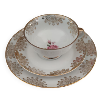 Solitaire in pink Bavaria porcelain and gold mandala Trio of cup, saucer and dessert plate