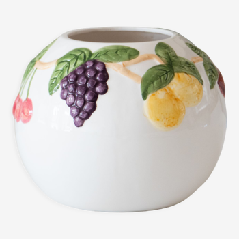 Vase boule vintage en relief barbotine fruits